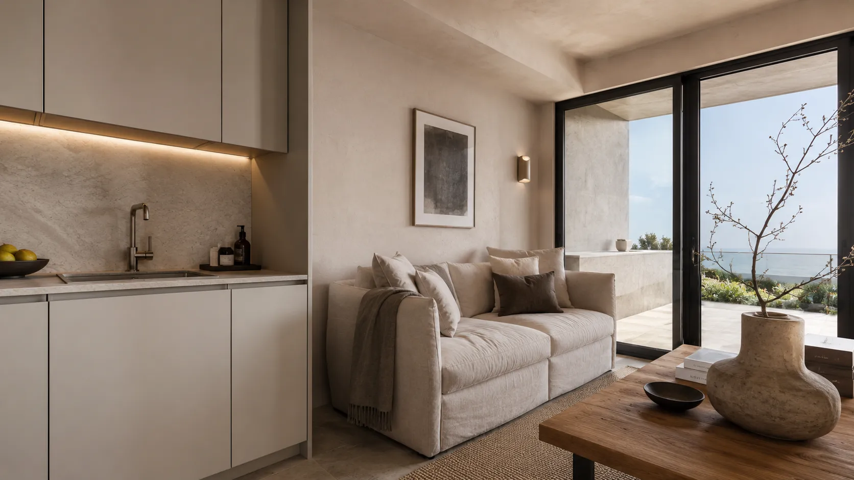 Soggiorno aperto sul terrazzo con vista mare